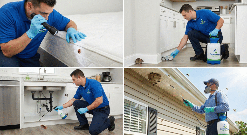 Licensed pest control technician from Perfect Peace Pest Control in Reynoldsburg, Ohio handling bed bugs, rodents, cockroaches, and wasps with “Call Now